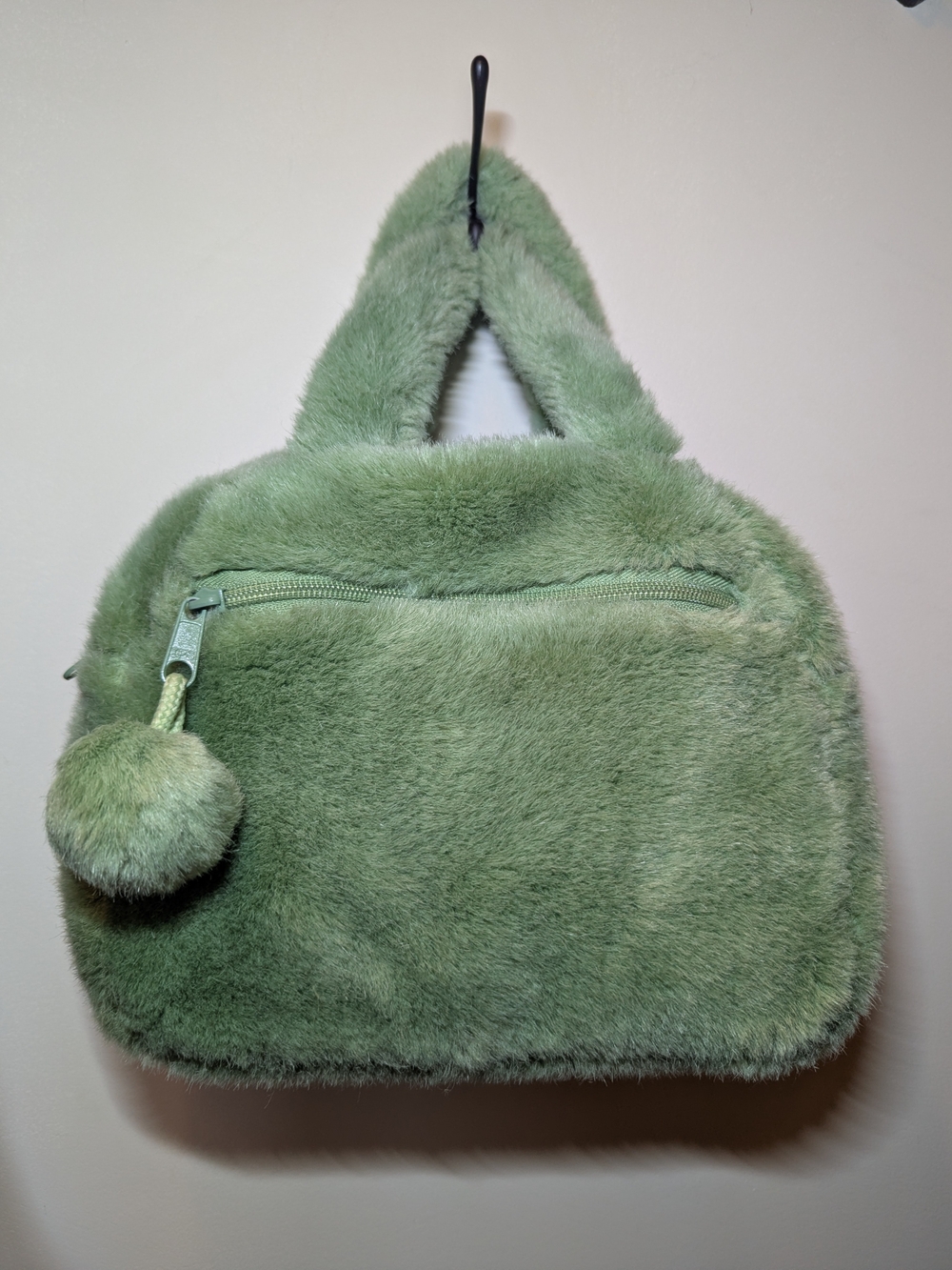 Y2K Plush Green Faux Fur Hand Bag with Pom Pom Accent
